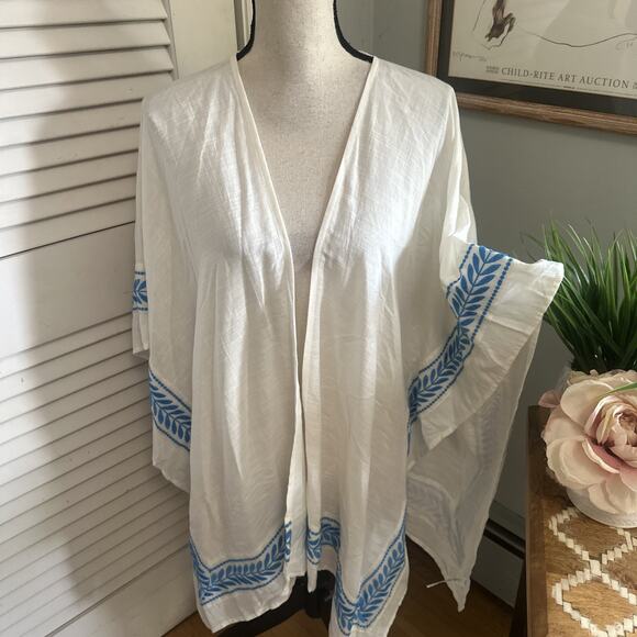 Ann Taylor Tops - ANN TAYLOR Kimono Womens One Size White Blue Embroidered Shawl Bohemian